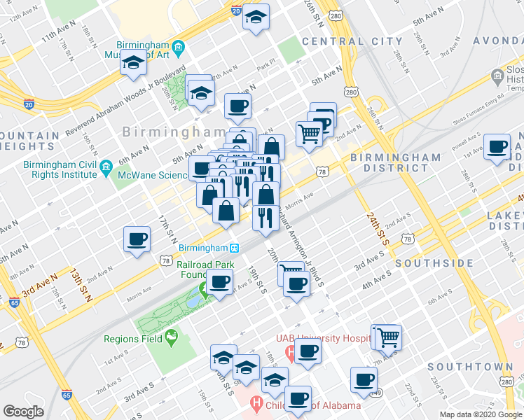 map of restaurants, bars, coffee shops, grocery stores, and more near 2013 1st Avenue North in Birmingham
