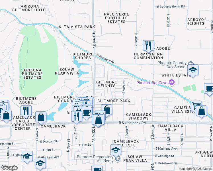 map of restaurants, bars, coffee shops, grocery stores, and more near 3239 East Oregon Avenue in Phoenix
