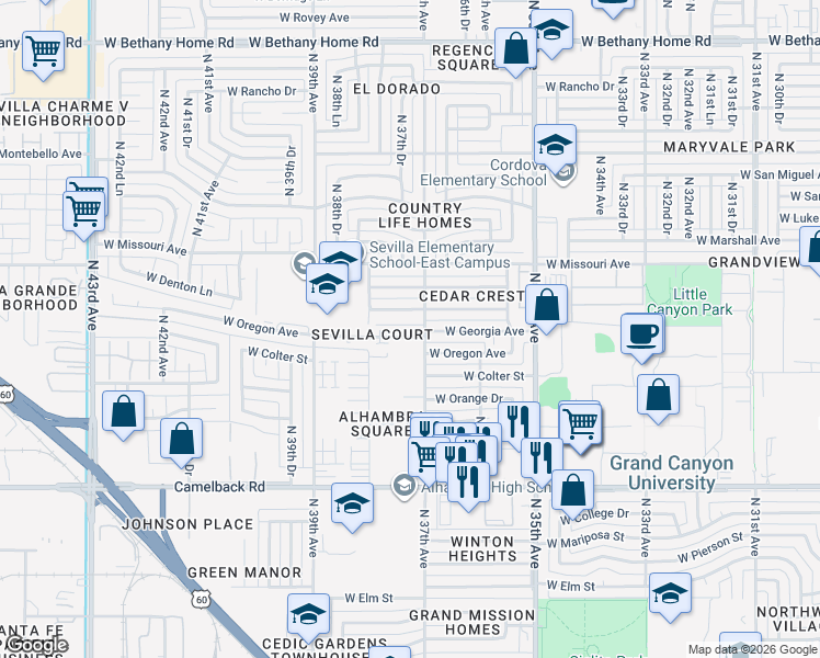 map of restaurants, bars, coffee shops, grocery stores, and more near 3645 West Georgia Avenue in Phoenix