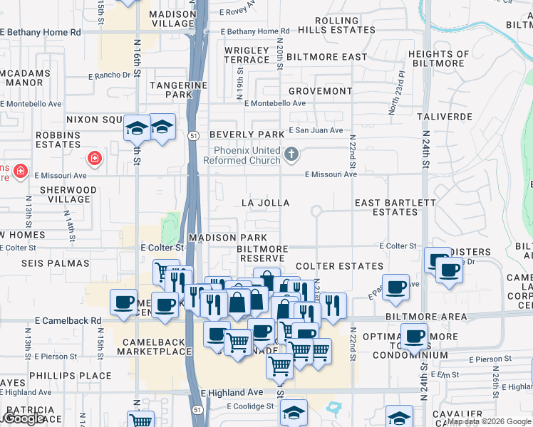 map of restaurants, bars, coffee shops, grocery stores, and more near 5250 North 20th Street in Phoenix