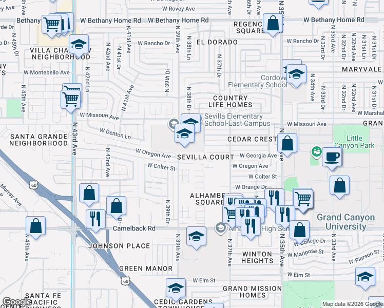 map of restaurants, bars, coffee shops, grocery stores, and more near 3824 West Oregon Avenue in Phoenix