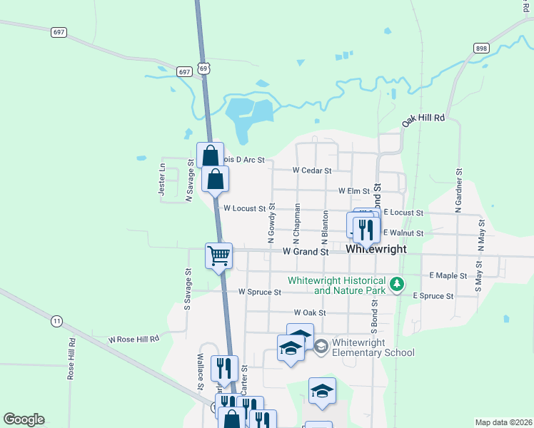 map of restaurants, bars, coffee shops, grocery stores, and more near 207 W Locust St in Whitewright