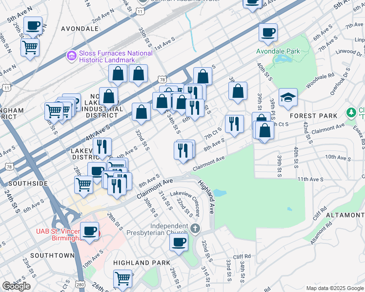 map of restaurants, bars, coffee shops, grocery stores, and more near 700 34th Street South in Birmingham