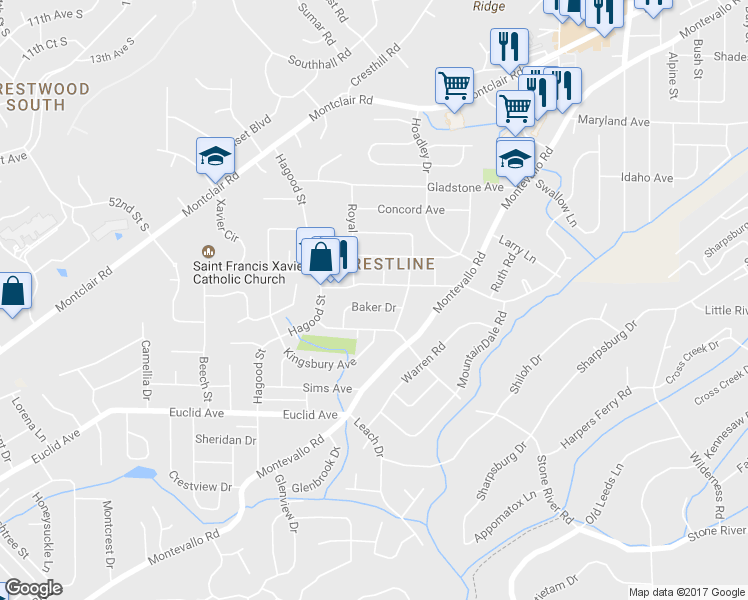 map of restaurants, bars, coffee shops, grocery stores, and more near 516 Baker Drive in Birmingham
