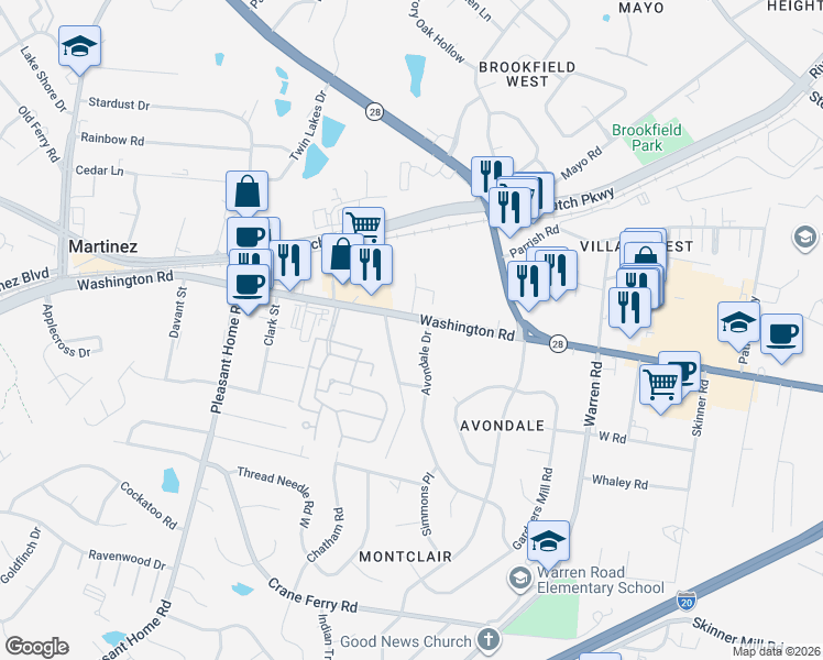 map of restaurants, bars, coffee shops, grocery stores, and more near 3230 Washington Road in Augusta
