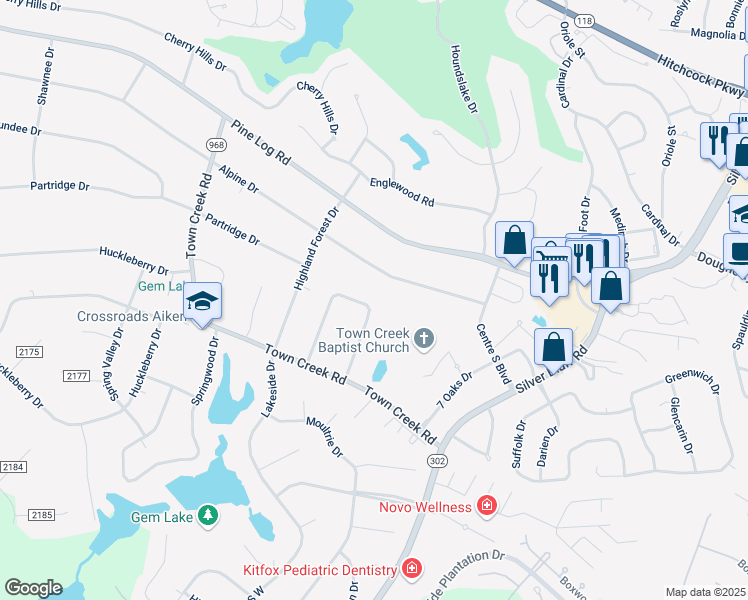 map of restaurants, bars, coffee shops, grocery stores, and more near 1050 Kismet Drive in Aiken