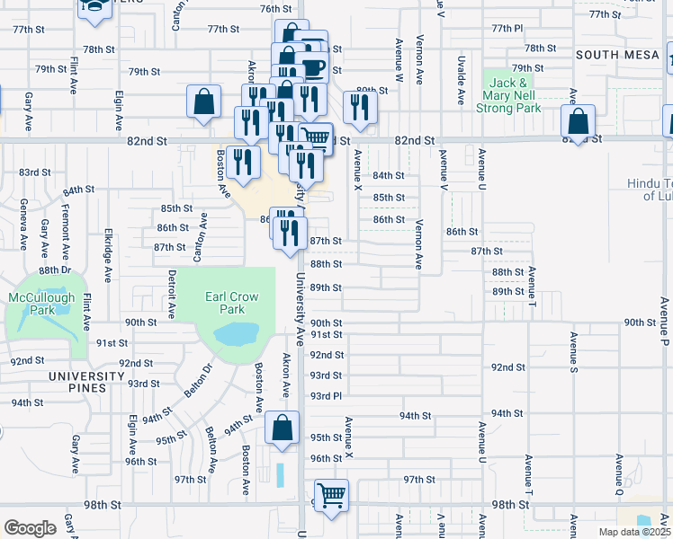 map of restaurants, bars, coffee shops, grocery stores, and more near 2411 88th Street in Lubbock