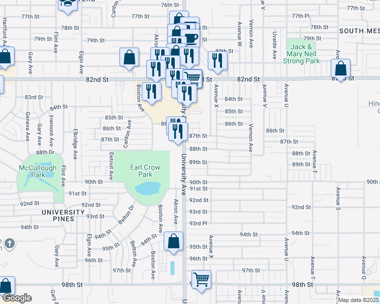 map of restaurants, bars, coffee shops, grocery stores, and more near 2421 88th Street in Lubbock