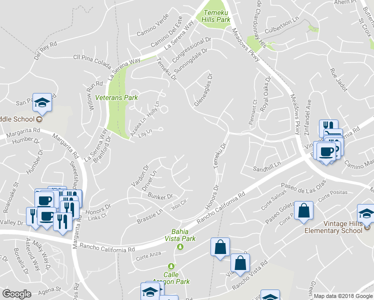 map of restaurants, bars, coffee shops, grocery stores, and more near 41713 Niblick Road in Temecula