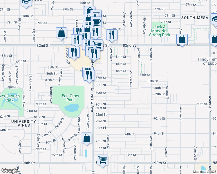 map of restaurants, bars, coffee shops, grocery stores, and more near 2403 88th Street in Lubbock