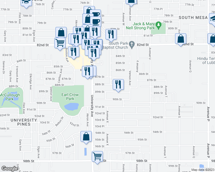 map of restaurants, bars, coffee shops, grocery stores, and more near 2403 88th Street in Lubbock