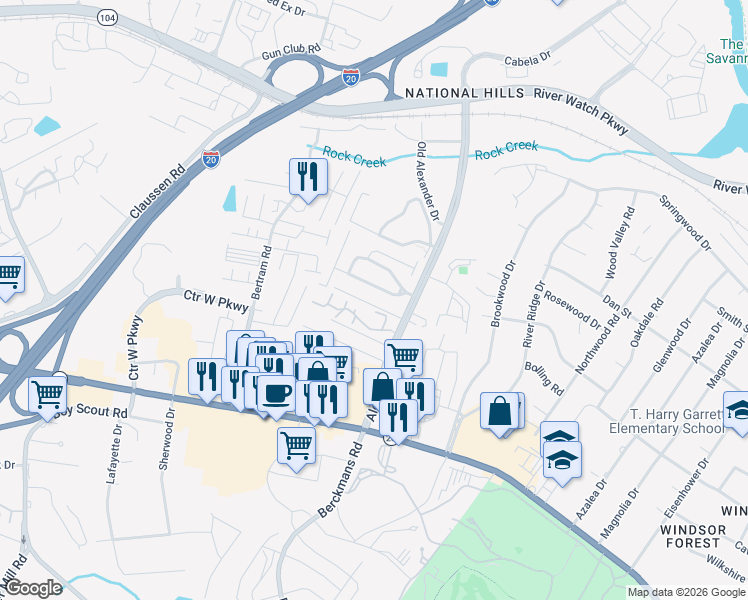 map of restaurants, bars, coffee shops, grocery stores, and more near 3017 Brookhaven Way in Augusta