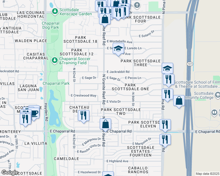 map of restaurants, bars, coffee shops, grocery stores, and more near 8420 East Plaza Avenue in Scottsdale