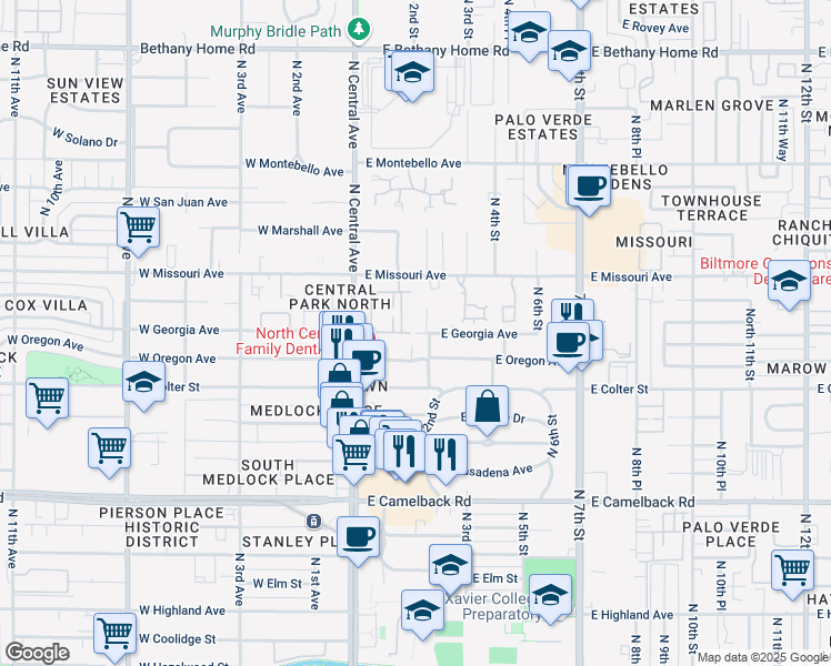 map of restaurants, bars, coffee shops, grocery stores, and more near 15 East Georgia Avenue in Phoenix