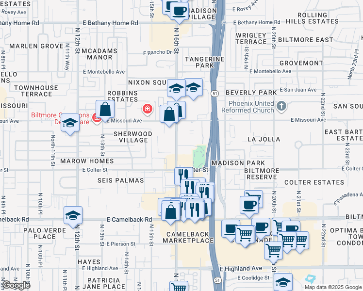 map of restaurants, bars, coffee shops, grocery stores, and more near 1615 East Georgia Avenue in Phoenix