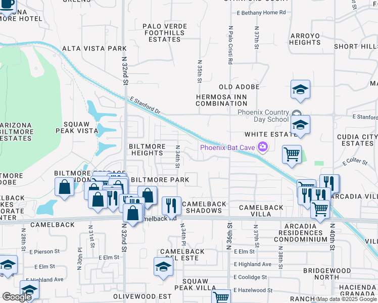 map of restaurants, bars, coffee shops, grocery stores, and more near 3411 East Oregon Avenue in Phoenix