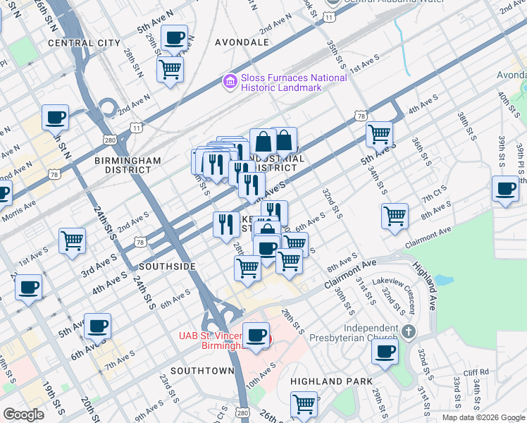 map of restaurants, bars, coffee shops, grocery stores, and more near 2900 5th Avenue South in Birmingham