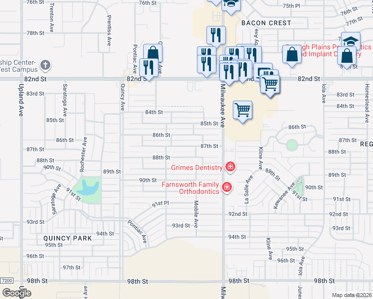 map of restaurants, bars, coffee shops, grocery stores, and more near 6535 87th Street in Lubbock