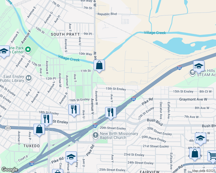map of restaurants, bars, coffee shops, grocery stores, and more near 2340 15th Street Ensley in Birmingham