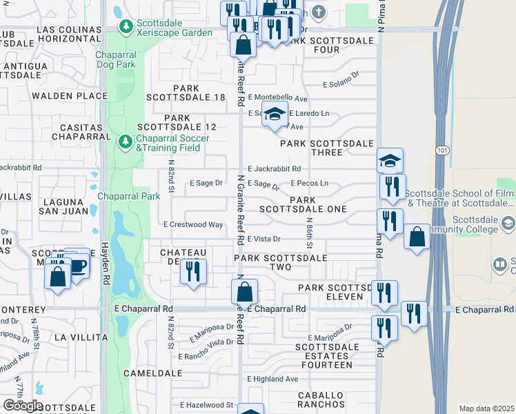 map of restaurants, bars, coffee shops, grocery stores, and more near 8444 East Plaza Avenue in Scottsdale