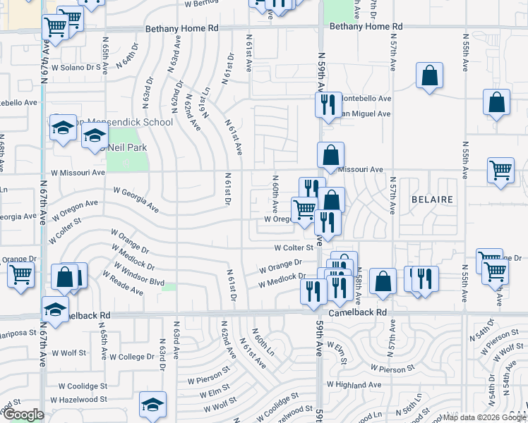 map of restaurants, bars, coffee shops, grocery stores, and more near 6002 West Oregon Avenue in Glendale