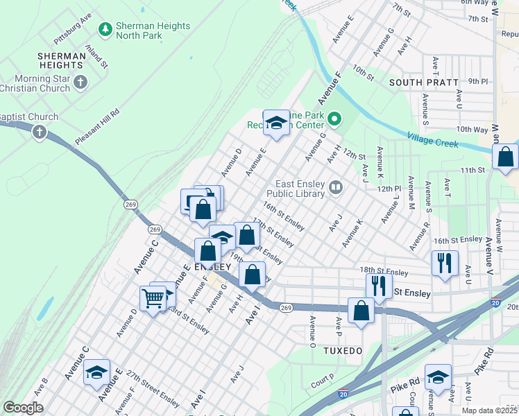 map of restaurants, bars, coffee shops, grocery stores, and more near 1607 Avenue F in Birmingham