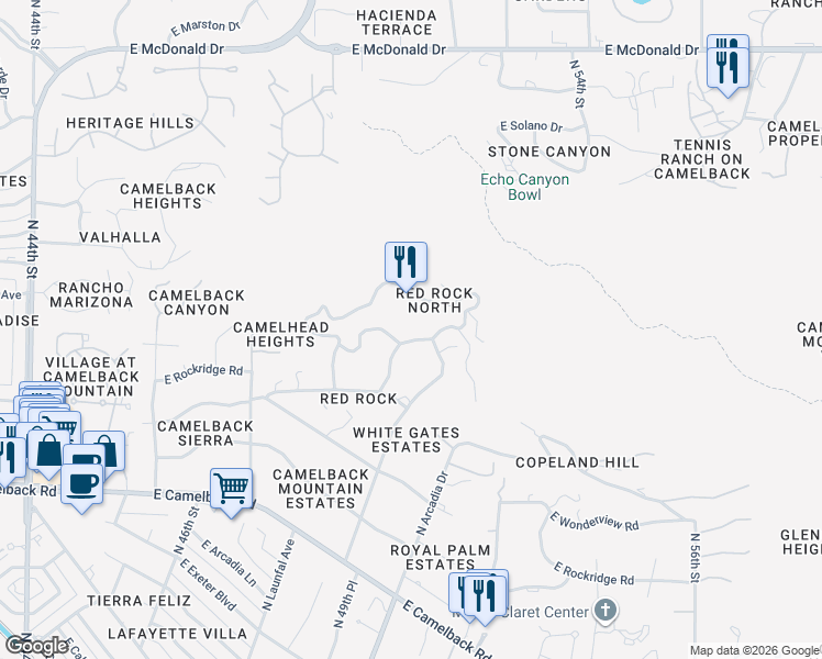 map of restaurants, bars, coffee shops, grocery stores, and more near 4958 East Grandview Lane in Phoenix
