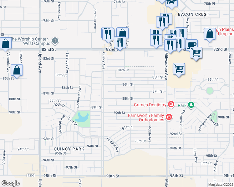 map of restaurants, bars, coffee shops, grocery stores, and more near 6723 87th Street in Lubbock