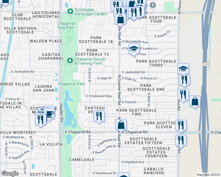 map of restaurants, bars, coffee shops, grocery stores, and more near 8320 E Plaza Ave in Scottsdale