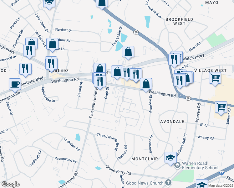 map of restaurants, bars, coffee shops, grocery stores, and more near 3300 Washington Road in Augusta