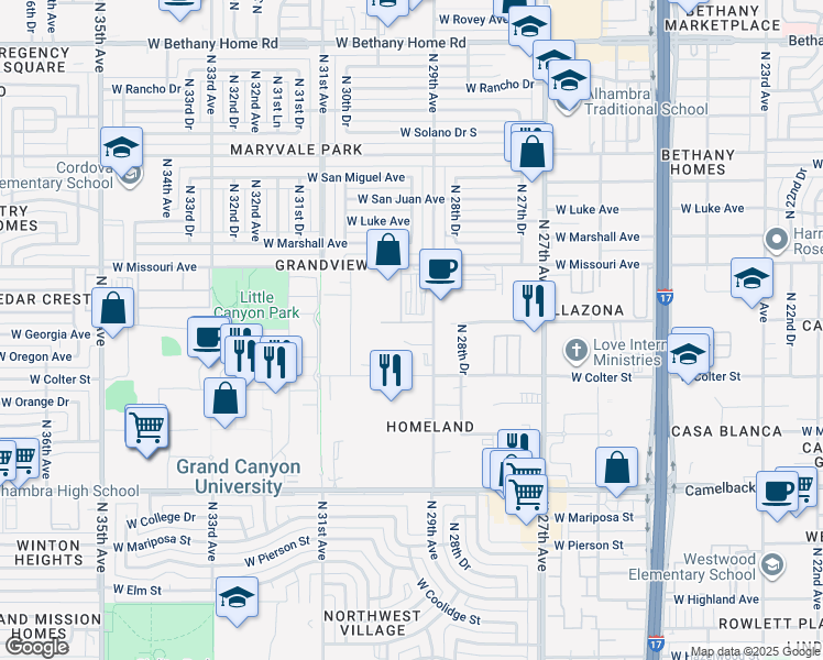 map of restaurants, bars, coffee shops, grocery stores, and more near 2917 West Georgia Avenue in Phoenix