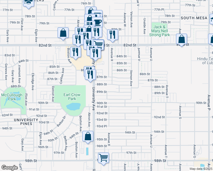 map of restaurants, bars, coffee shops, grocery stores, and more near 2403 88th Street in Lubbock