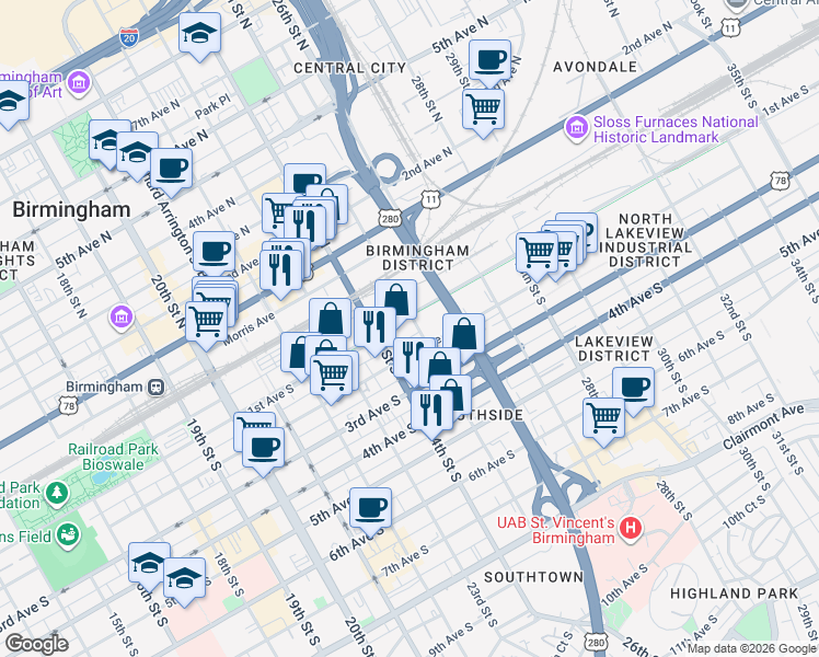 map of restaurants, bars, coffee shops, grocery stores, and more near 40 25th Street South in Birmingham