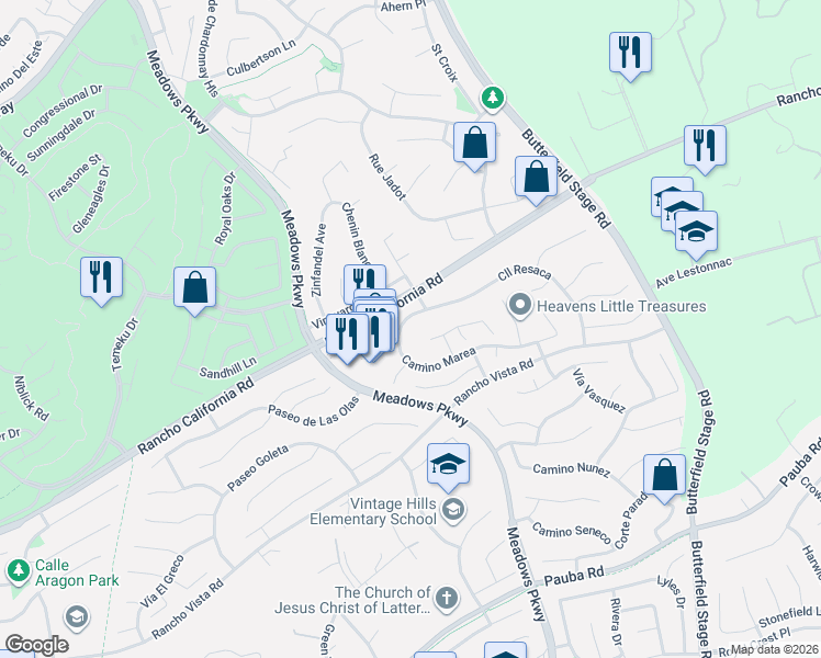 map of restaurants, bars, coffee shops, grocery stores, and more near 31874 Camino Marea in Temecula