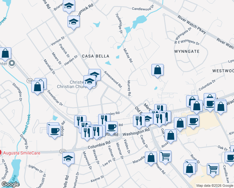 map of restaurants, bars, coffee shops, grocery stores, and more near 203 Old Evans Road in Martinez