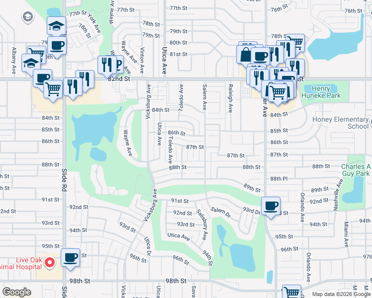map of restaurants, bars, coffee shops, grocery stores, and more near 8702 Salisbury Ave in Lubbock