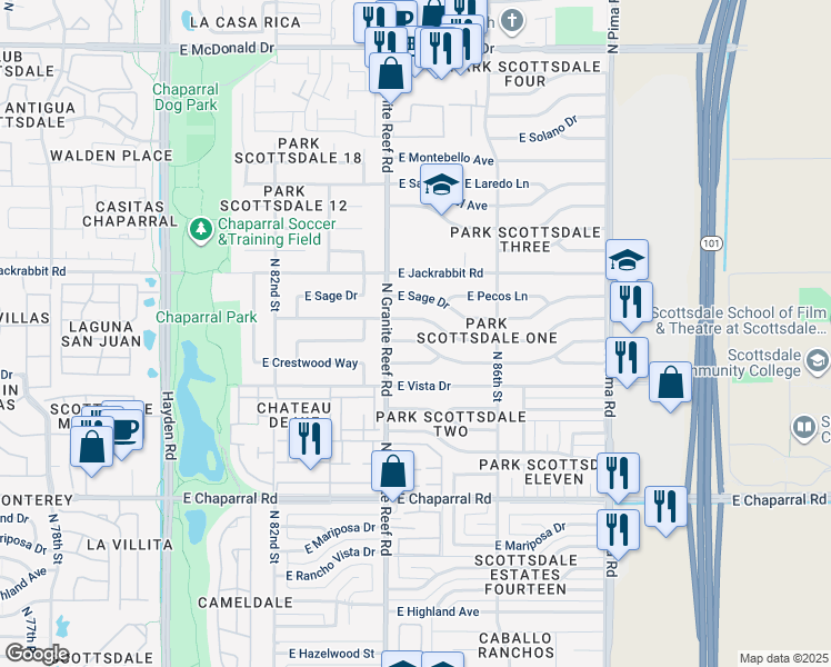map of restaurants, bars, coffee shops, grocery stores, and more near 8444 East Plaza Avenue in Scottsdale