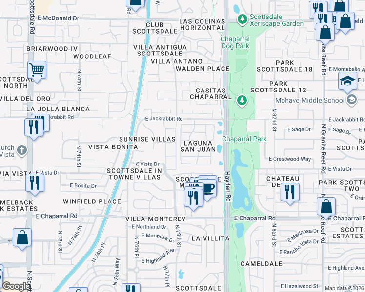 map of restaurants, bars, coffee shops, grocery stores, and more near 7901 East Plaza Avenue in Scottsdale