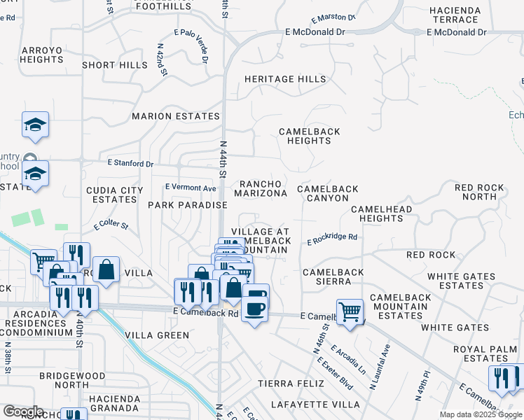 map of restaurants, bars, coffee shops, grocery stores, and more near 7150 East Camelback Road in Phoenix