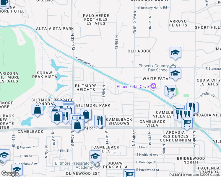 map of restaurants, bars, coffee shops, grocery stores, and more near 3411 East Oregon Avenue in Phoenix