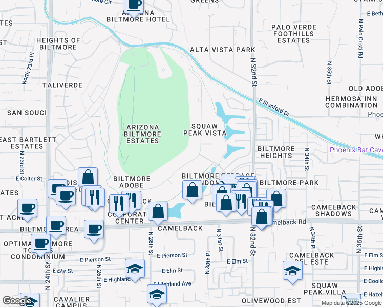 map of restaurants, bars, coffee shops, grocery stores, and more near 19 Biltmore Estates Drive in Phoenix