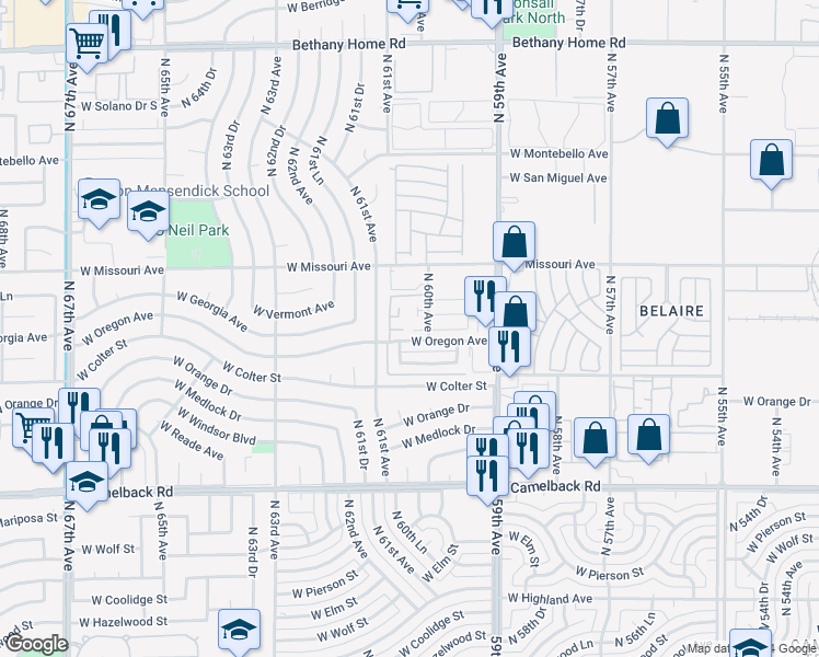 map of restaurants, bars, coffee shops, grocery stores, and more near 6002 West Oregon Avenue in Glendale