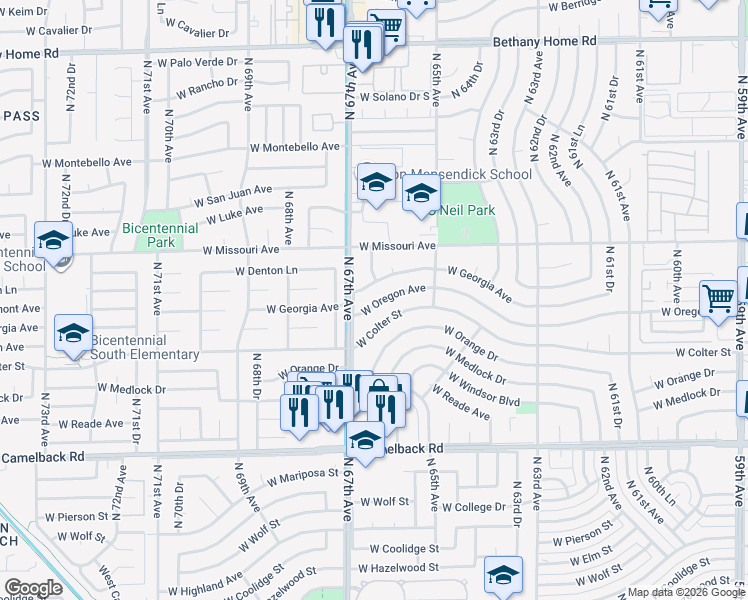 map of restaurants, bars, coffee shops, grocery stores, and more near 6601 West Oregon Avenue in Glendale