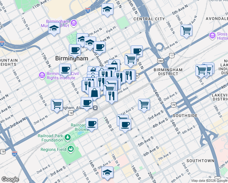 map of restaurants, bars, coffee shops, grocery stores, and more near 2013 1st Avenue North in Birmingham