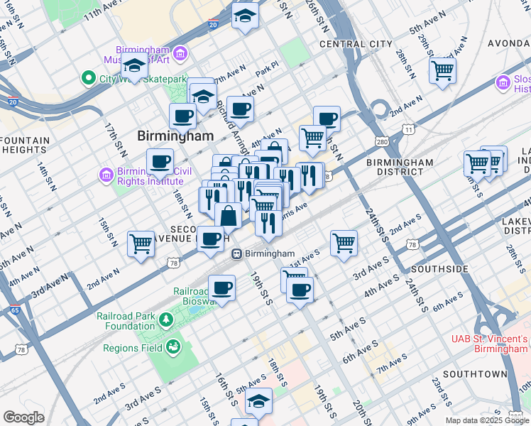 map of restaurants, bars, coffee shops, grocery stores, and more near in Birmingham