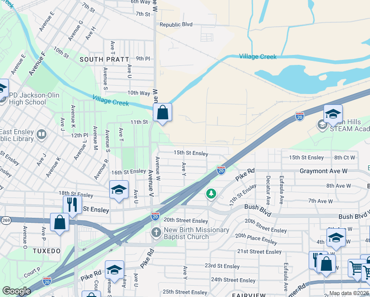 map of restaurants, bars, coffee shops, grocery stores, and more near 2340 15th Street Ensley in Birmingham