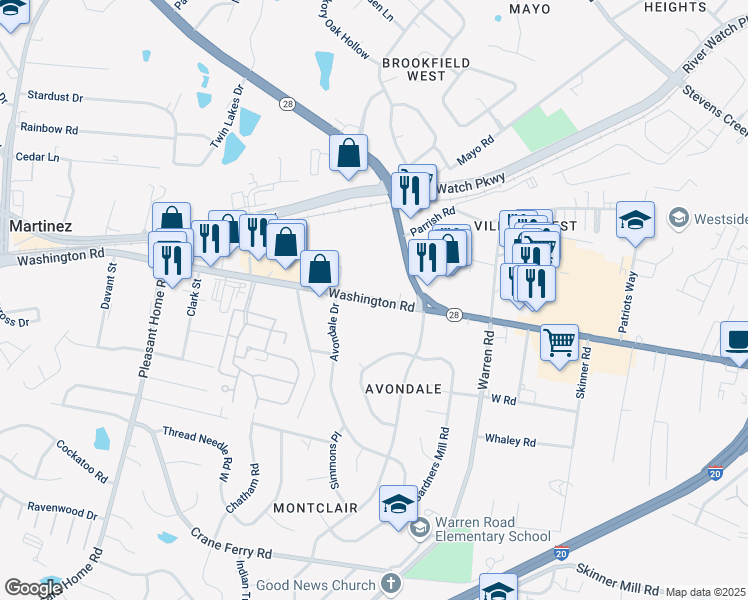 map of restaurants, bars, coffee shops, grocery stores, and more near Washington Road in Augusta