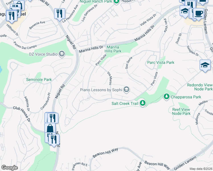 map of restaurants, bars, coffee shops, grocery stores, and more near 18 Bergamo in Laguna Niguel