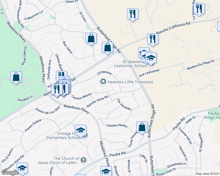 map of restaurants, bars, coffee shops, grocery stores, and more near 41605 Corte Seda in Temecula
