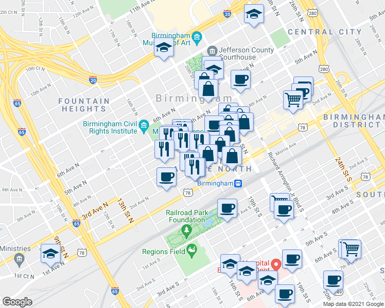 map of restaurants, bars, coffee shops, grocery stores, and more near 1726 3rd Avenue North in Birmingham